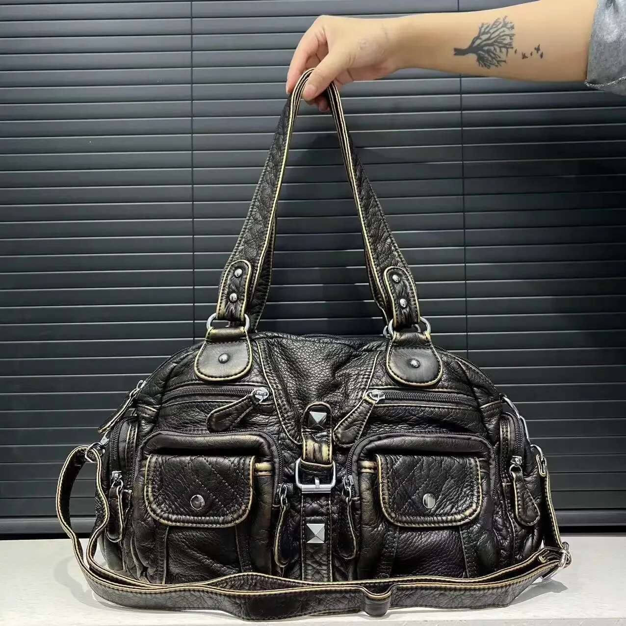 Ladies' Fashionable Hot Girl Vintage Tote With Large Capacity Y2k Washed Vegan Leather Single Shoulder Crossbody Bag