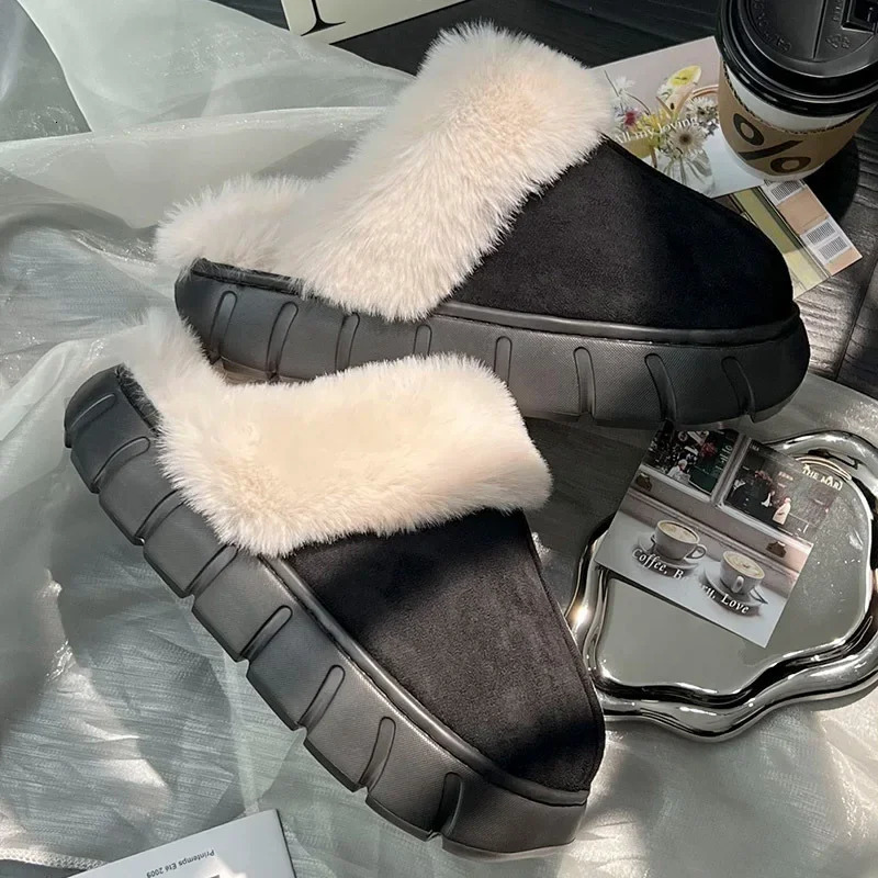 Women Indoor Fluffy Slippers Thick Sole Winter Warm Shoes For Couples Soft Fur Keep Warm Female Male House Floor Slipper 250318