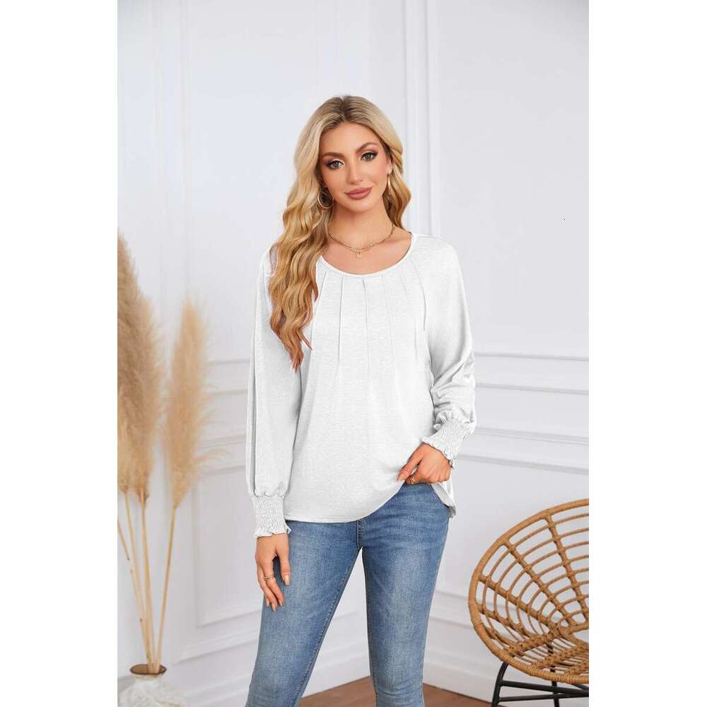 autumn winter popular European American women's round neck pleated long sleeved casual top T-shirt 2025 new style chic and elegant clothing