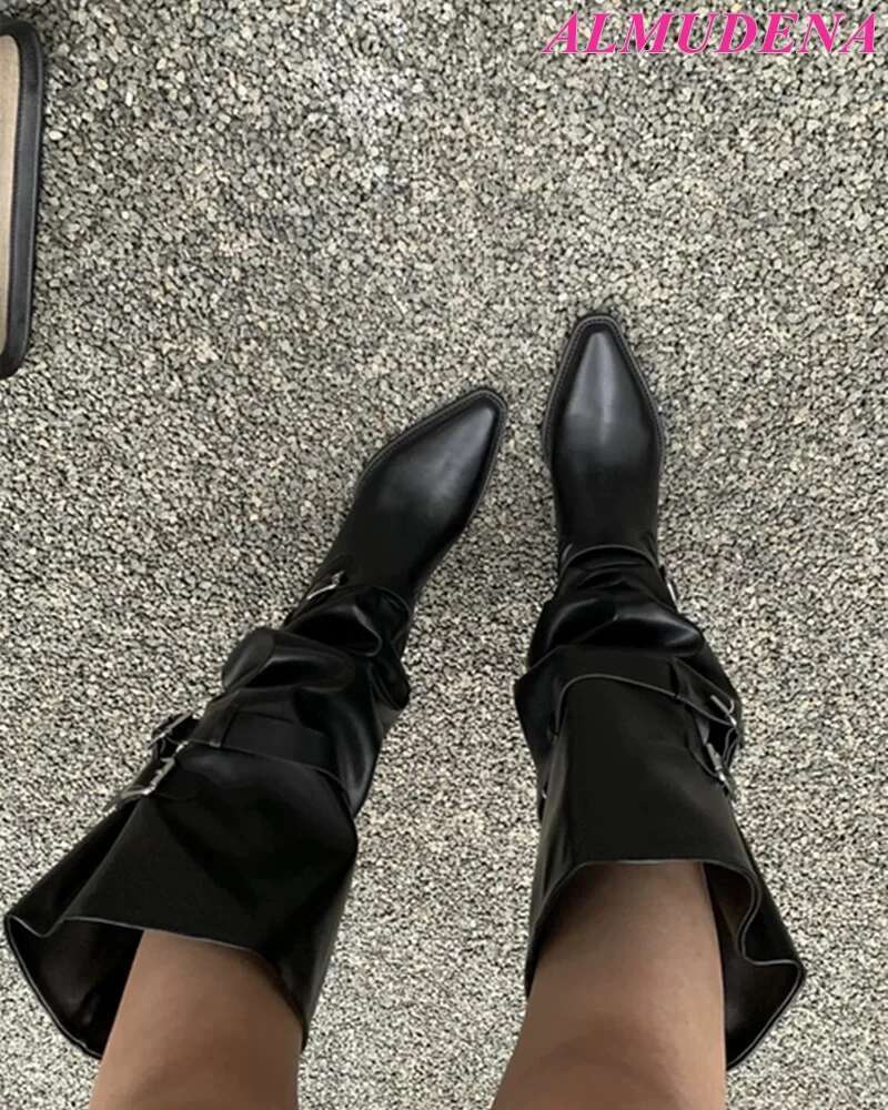 Black Leather Buckled Knee High Boots Women's Chunky Low Heel Vintage Western Pointed Toe Long Boot Designer Party Shoes