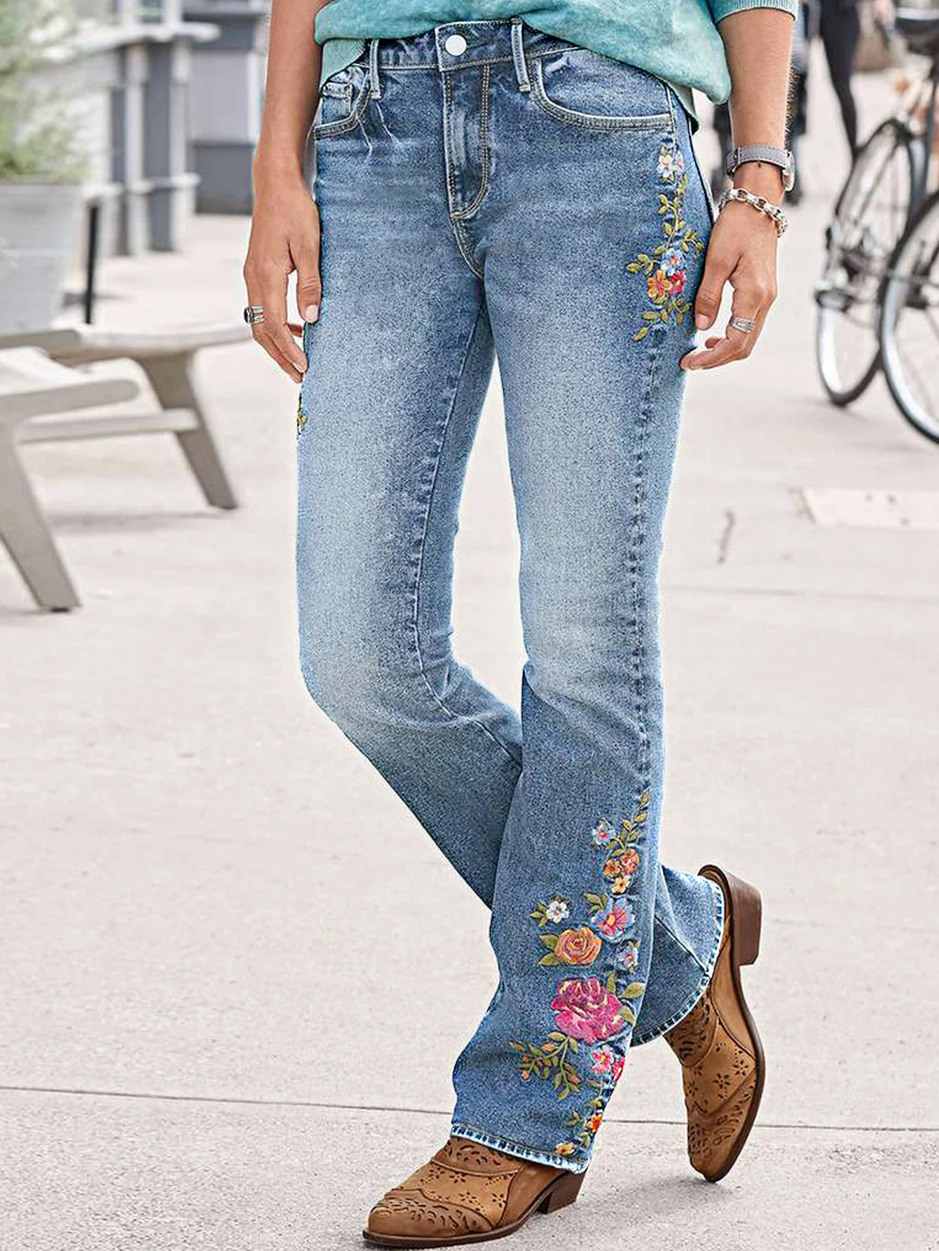 Womens retro washed high waisted straight leg jeans floral y front pocket casual 250317