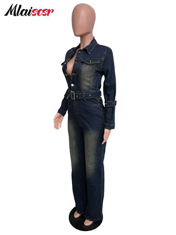 Mlaicsr stretch denim one-piece jumpsuit with waistband womens dress winter long slip collar washed jeans jumpsuit birthday jacket X250318