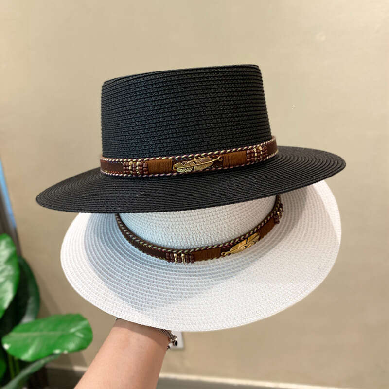 Summer women's sunshade flat wide brimmed beach Bohemian belt top versatile straw woven hat
