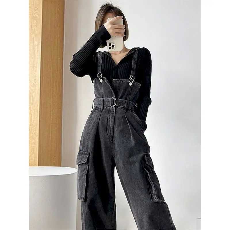 Black denim womens jumpsuit Korean retro Playsuit wide leg pants loose mens tight fitting clothing X250318