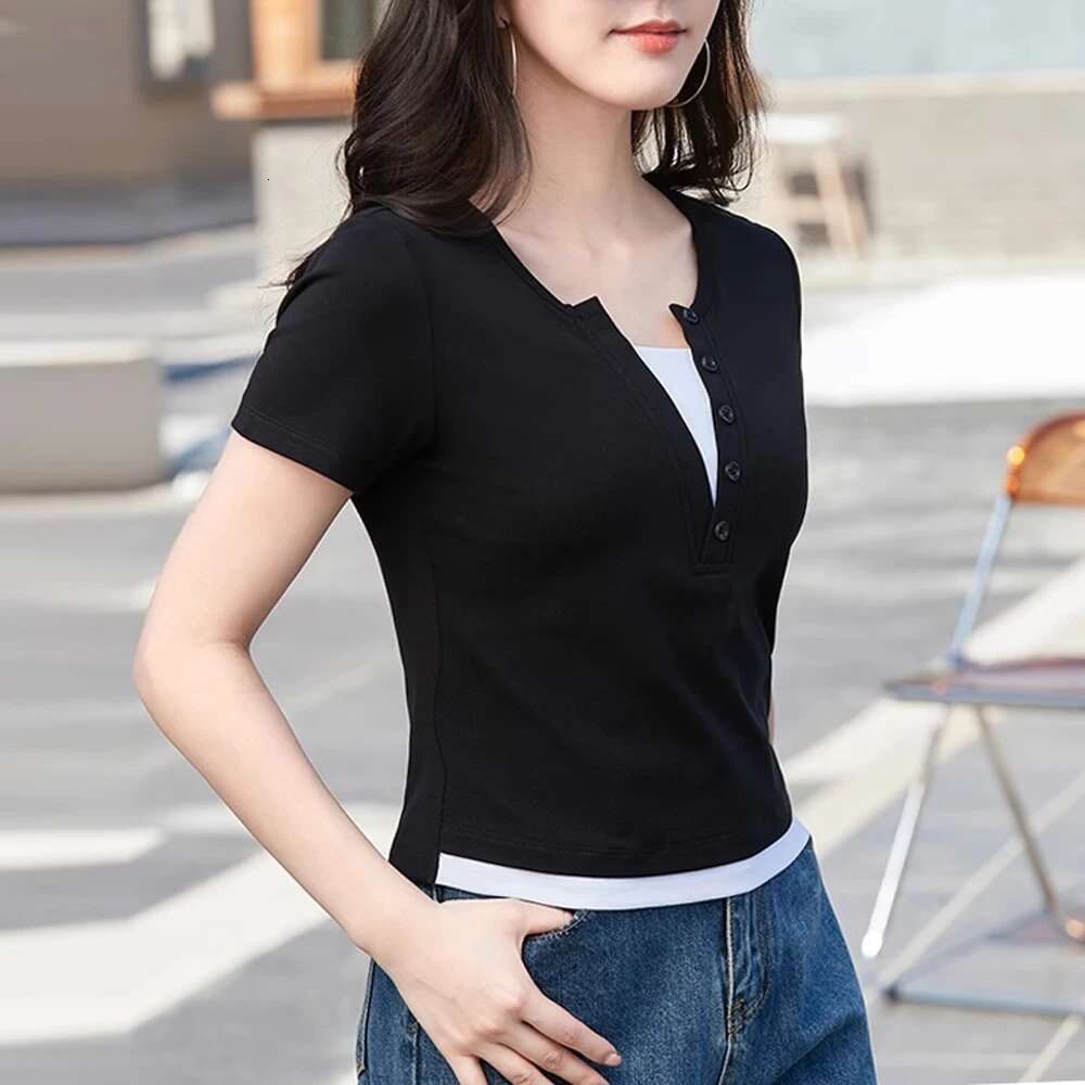 Korean Version Green Pure Cotton Short Sleeved T-Shirt For Women's Summer New High-End Casual Fashion Loose Fake Two-Piece Top