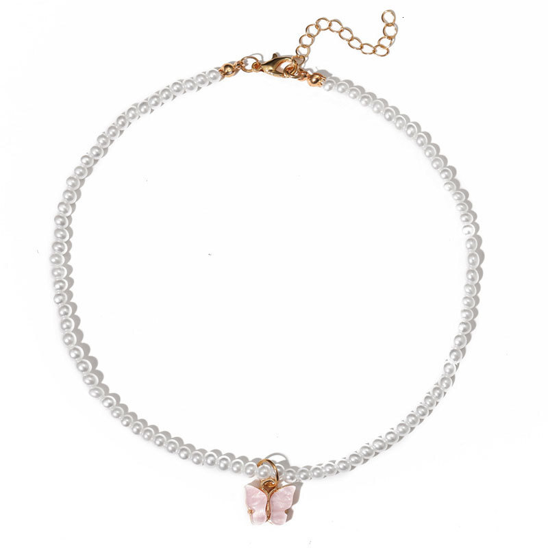 Imitation Pearl Acrylic Butterfly Pendant Necklace Women's Bohemian Choker Collarbone Chain Jewelry