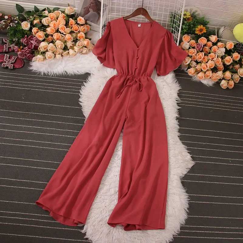 American Women Jumpsuits Fashion V Neck Lace up Loose Wide Legs Pants 2024 New Summer OL Solid Buttons Bodysuits X250318