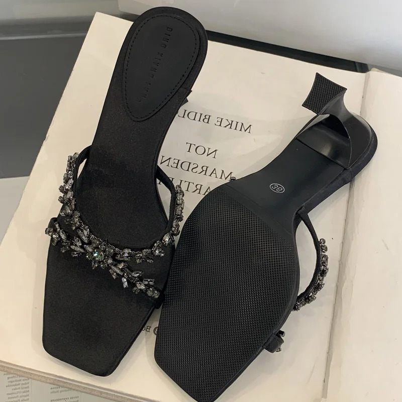 Eilyken Street Style CRYSTAL Narrow Band Slippers Woman Open Toe Thin High Heels Sandals Stripper Party Slides Shoes 250318