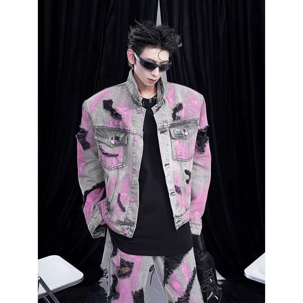 Leather Pants Abandoned Soil Style Denim Men, Street Graffiti, Washed Worn, Perforated Autumn Winter Styles, Shoulder Padded Jacket For Men And Women