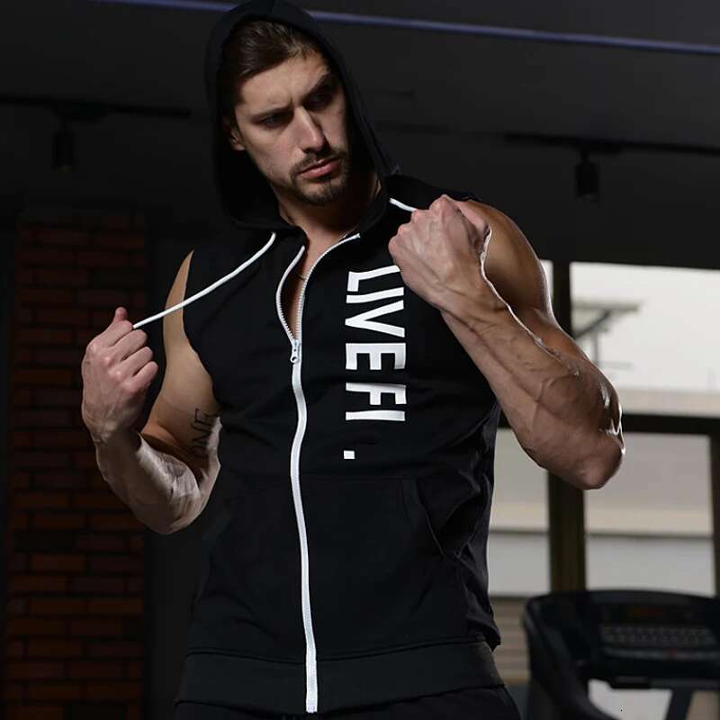 Mens Sports Tank Tops Gym Fiess Muscle Print Sleeveless Hooded Vest Bodybuilding Zipper Jacket Summer Shirt For Man Clothing
