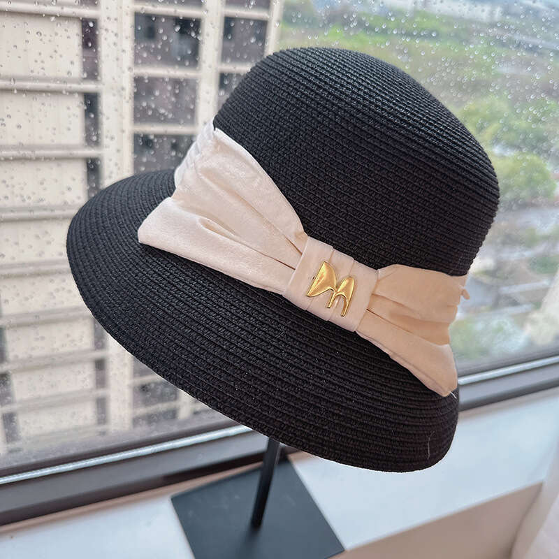 Summer Korean style top women's bow temperament, grass protection beach, sun basin hat, trendy