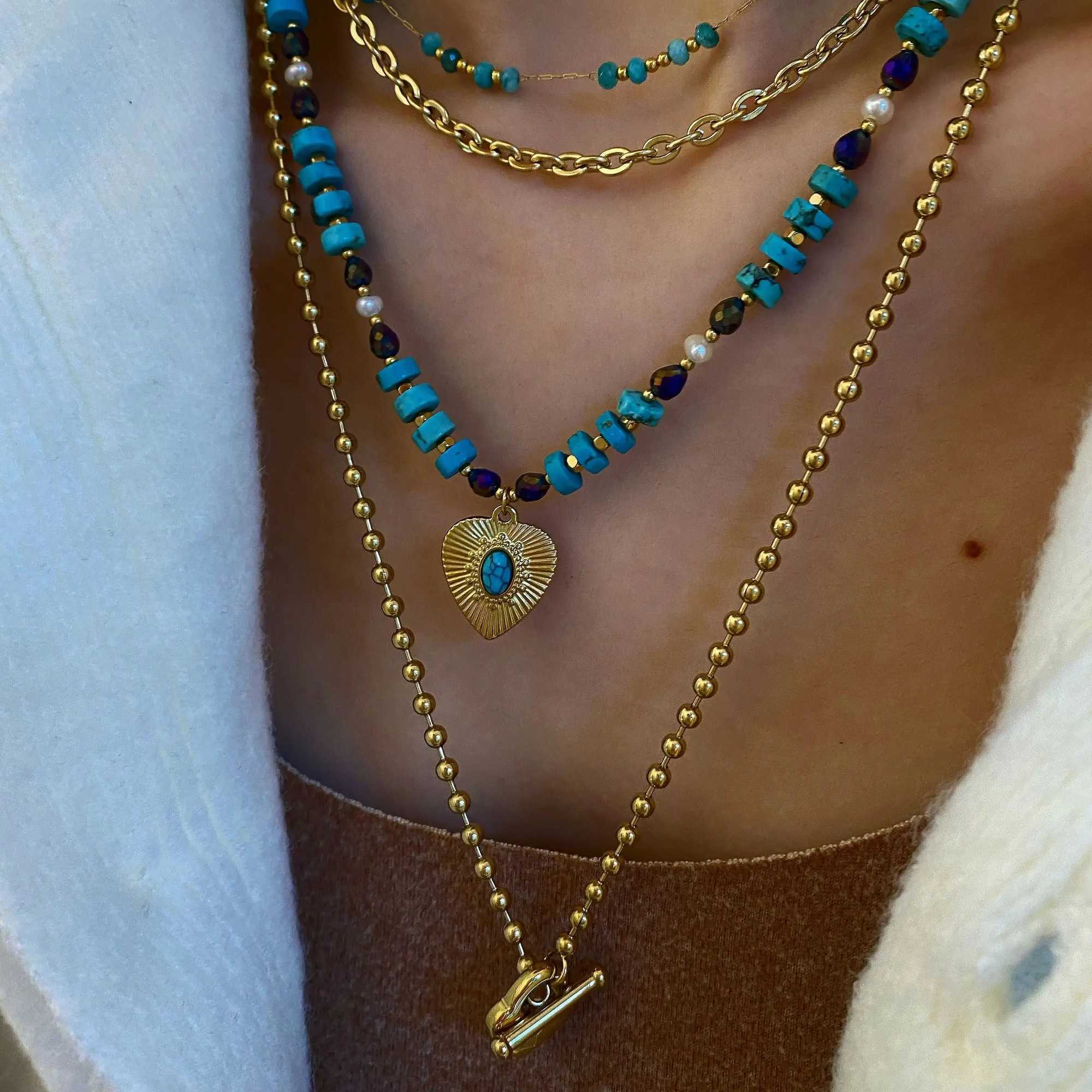 CARLIDANA Fashion Natural Stone Gold Color Turquoise Pendant Necklace Personality Multilayer Irregular Stainless Steel Jewelry W250318