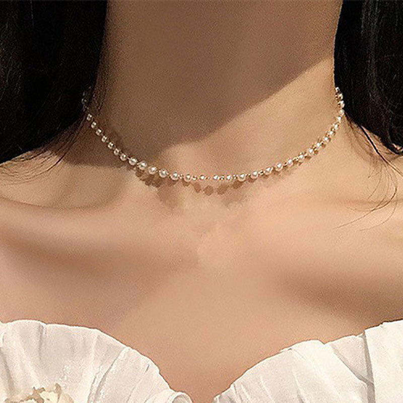4mm Imitation Pearl Chain Necklace Women Simple Cold Wind Choker Collarbone Chain Jewelry