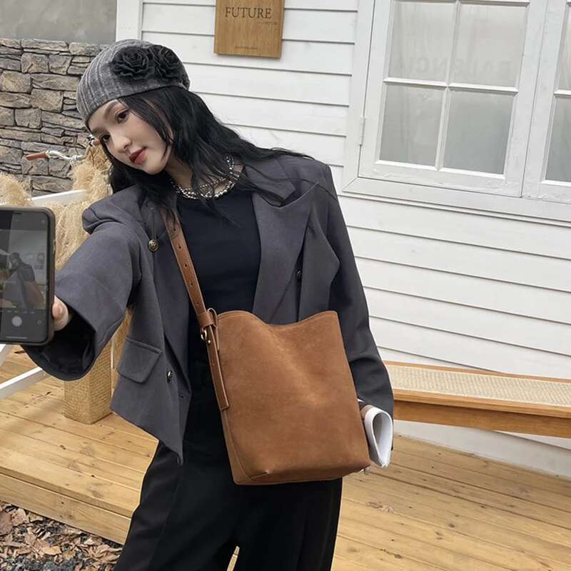 2024 Newest Women Suede Female Frosted Cowhide Split Leather Bucket Shoulder Bag Lady 2Pcs Set Crossbody Messenger Wholesale