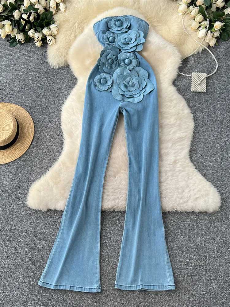 SINGREINY Fashion Denim Long Jumpsuits Zipper 3D Floral Chic Design Rompers Korean Trend Ins Solid Strtwear Women Playsuits X250318
