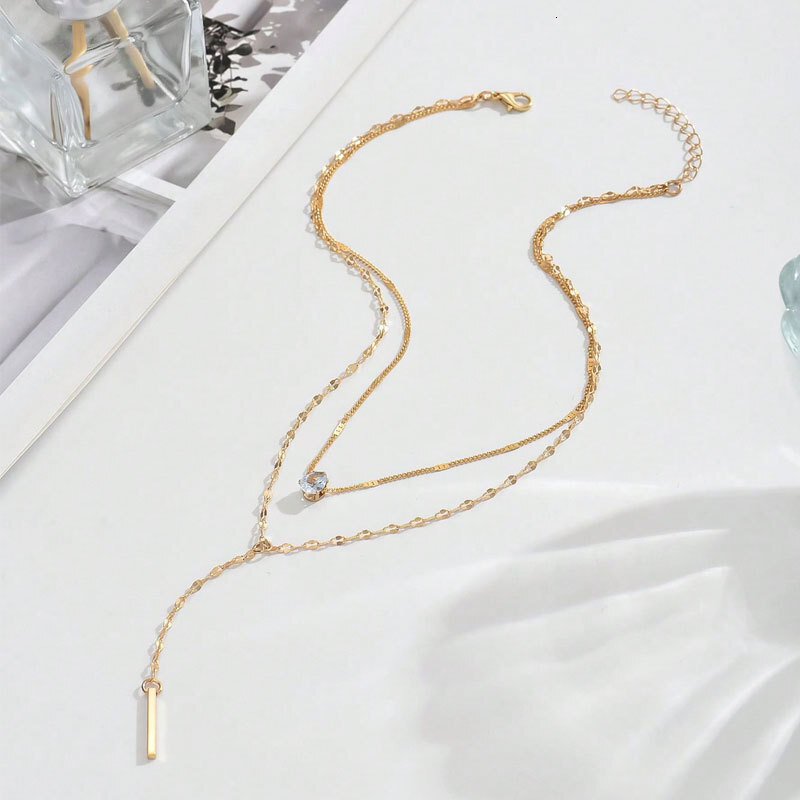 Double Y Pendant Necklace Women's Crystal Zircon Water Drop Metal Vertical Bar Choker Jewelry