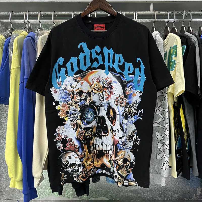 European and American rock rap popular brand Godspeed short sleeved T-shirt personalized skull rose HD printed original label mens T-shirtXJ250318