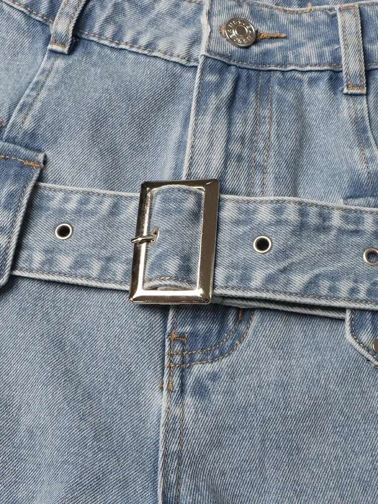 TWOTWINSTYLE Casual Cut Out Denim Trousers For Women High Waist Patchwork Belt Vintage Streetwear Jean Female Fashion Clothing