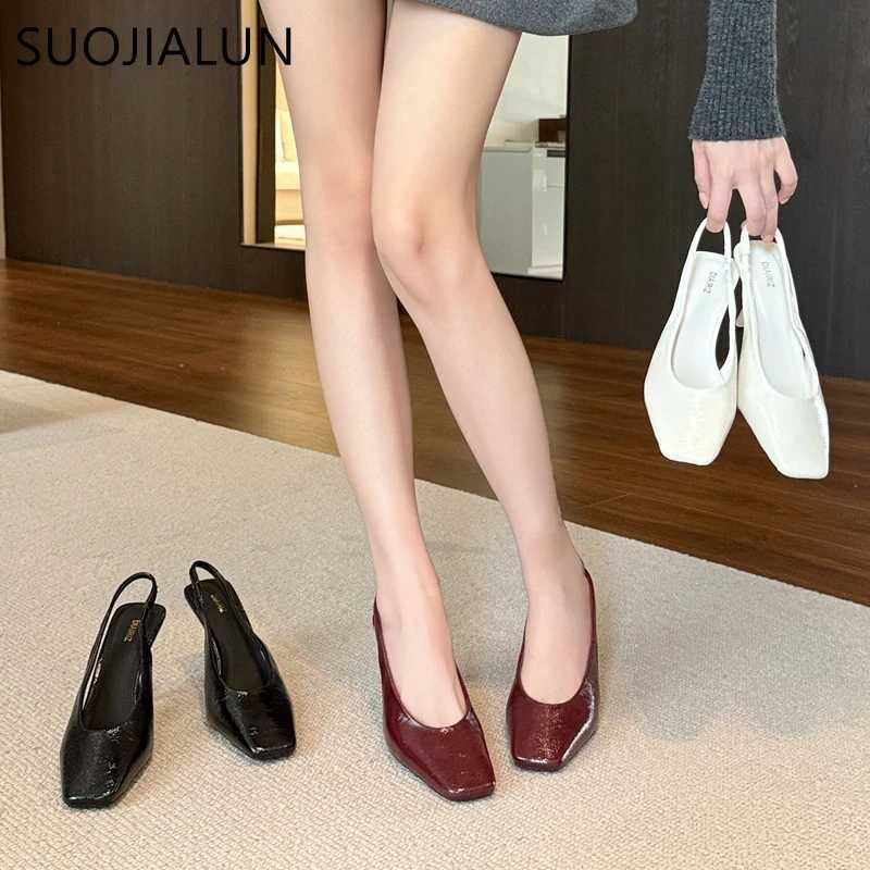 SUOJIALUN 2025 Spring New Sandals Fi Red Square Toe Shallow Smooth Elastic Back Shoes Thin High Heels Dress Pump Y250317