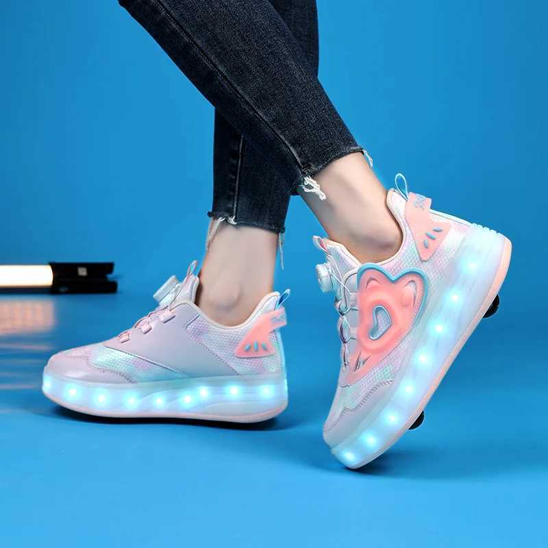 Childrens Skate Shoes USB Light Comfortable Roller-skating Sneakers Outdoor Sports Walking Girls Pink Roller Skate Shoes for Kid W250318