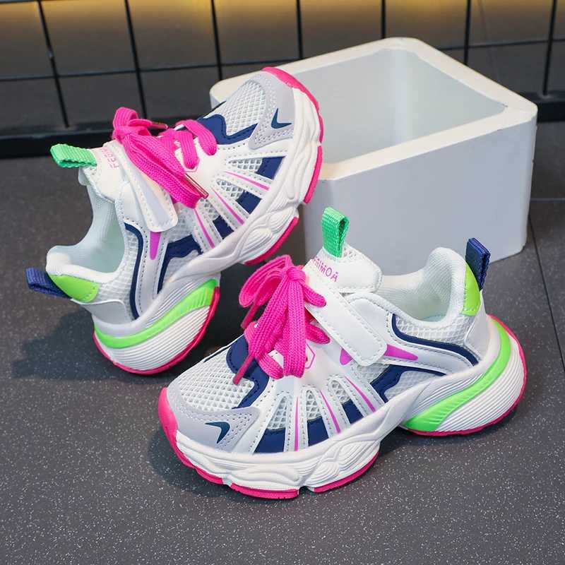 Girls Color Block Mesh breathable thick shoes comfortable and non slip lace up durable sports shoes suitable for childrens outdoor activities W250318