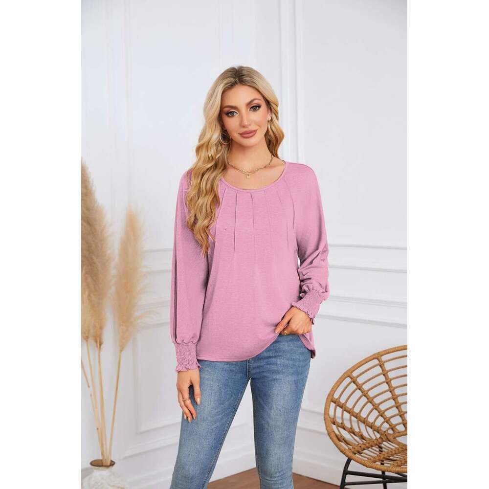 autumn winter popular European American women's round neck pleated long sleeved casual top T-shirt 2025 new style chic and elegant clothing