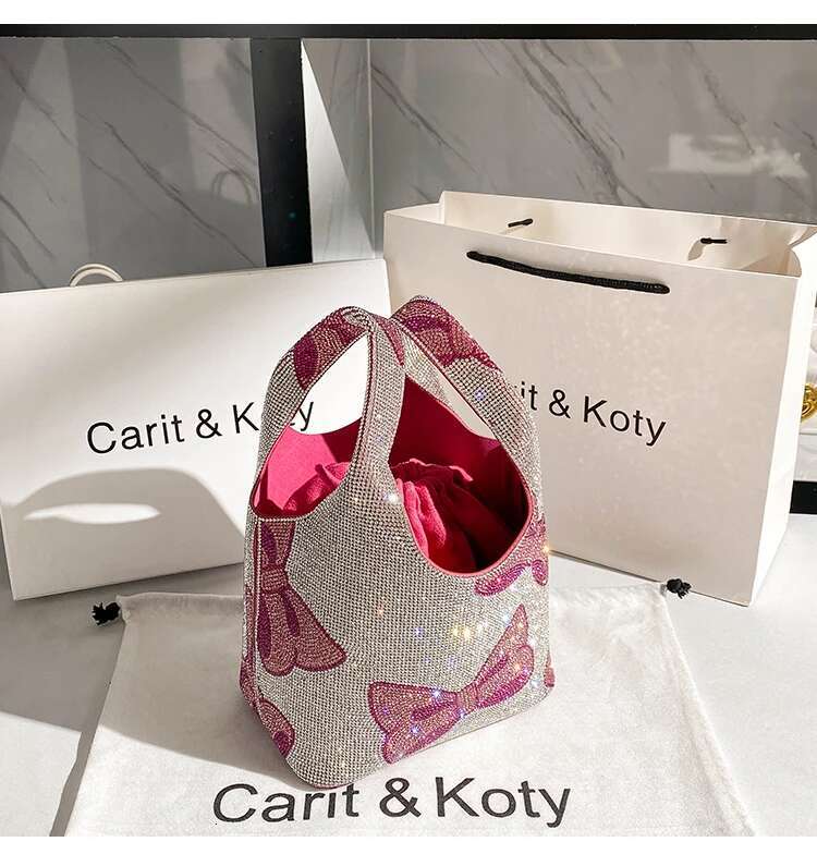 Glitter Shiny Rhie Dia Evening Fashion Clutch Purse Pink Bow Knot Printing Bucket Women's Handbag Shoulder Bag