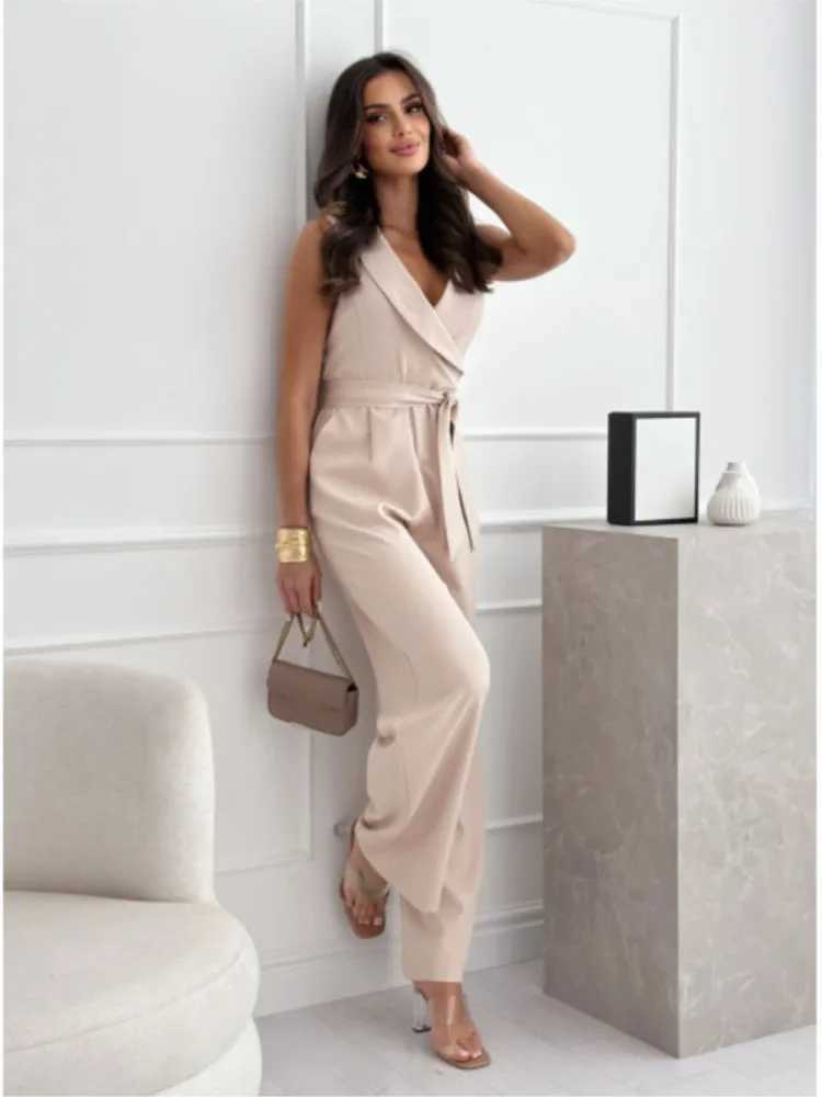 Womens Jumpsuits Elegant Office Lady 2024 Summer Slveless Solid Color Belt High Waist Wide Leg Pants Jumpsuit Casual Playsuit X250318