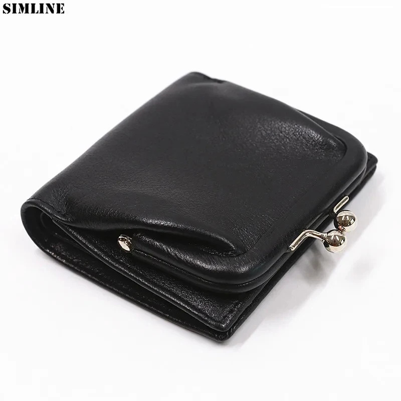 Womens Genuine Leather Wallet Fashion Short Double Fold Womens Wallet Card Clip with Kiss Lock Closed Coin Pocket 250317