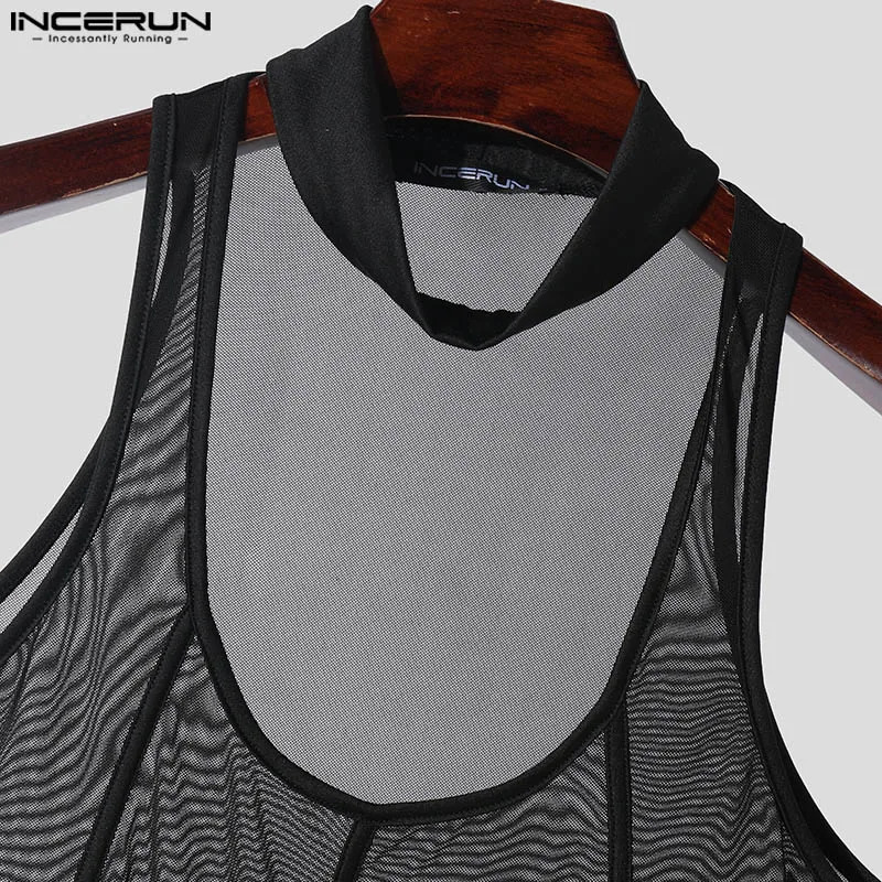 INCERUN Men Tank Tops Mesh Transparent Summer Sleeveless Sexy Male Vests Streetwear 2024 Solid Fashion Party Skinny Clothing 250314Z