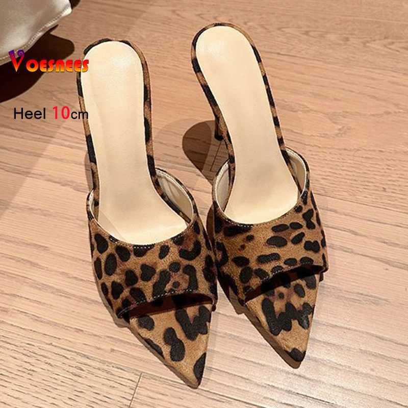 Ladies Fi leopard print Pointed Toe slider 2025 summer Mes shoes 10CM thin high elegant textured suede sandals Y250317