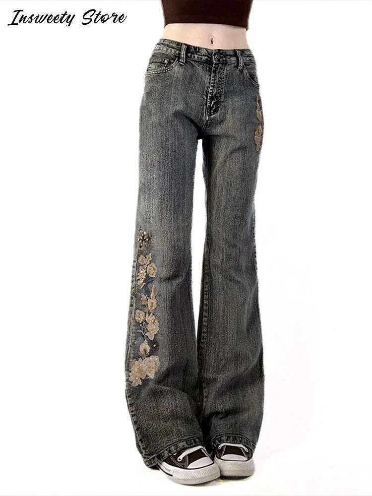 Embroidery Sequined Bell-Bottom Jeans Women's High Waist Straight Leg Long Trousers 2025 Spring New Lady Fashion Streetwear