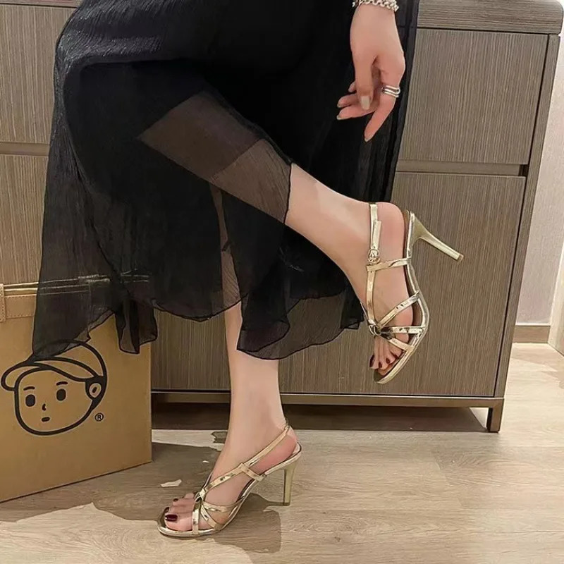 Comemore Summer Women Fashion Cross Buckle High Heels Gold Sier Sandals Banquet Party Wedding Shoes Sandalias Mujer 250320