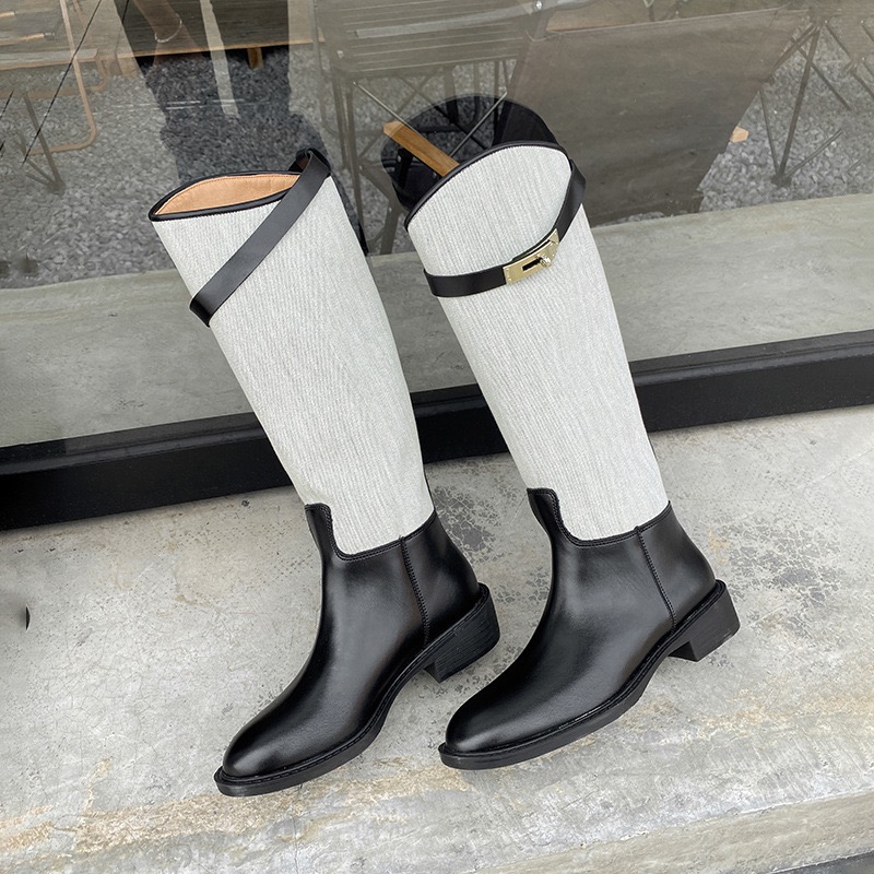 women's New danxuefei leather canvas patchwork pointed toe slip-on knee high 2023 autumn new long boots shoes d0fc