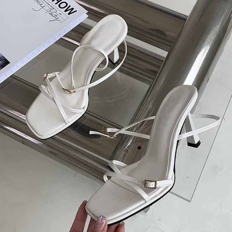 Similar 2025 New Summer Square Toe Wan Sandals Street Style Narrow Band Ankle Buckle Strap Thin High H Wedding Shoes Y250317
