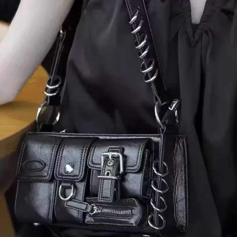 Meet You Y2k Vintage Gothic Black Shoulder For Women Punk Cool Girls Multi-Pocket Pu Leather Underarm Trend Tote Bag