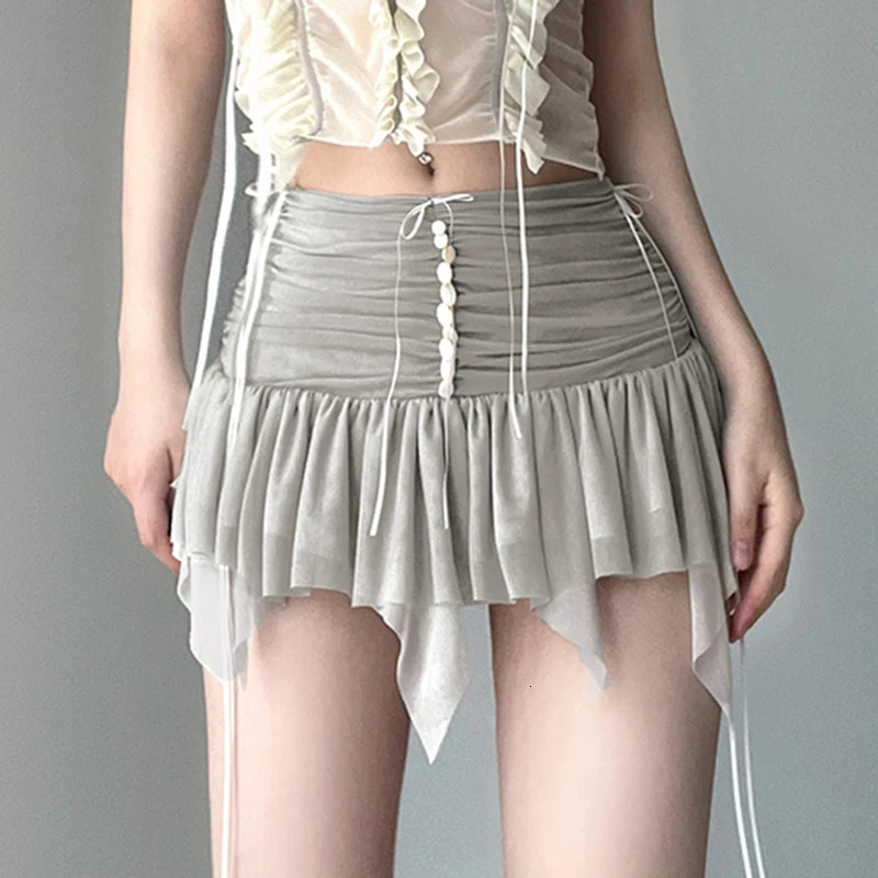 CIBBAR Folds Transparent Mesh Mini Skirt Y2k Irregular Low Rise Patchwork Pleated Skirts for Women Vintage 90s Clothing Ladies 250318
