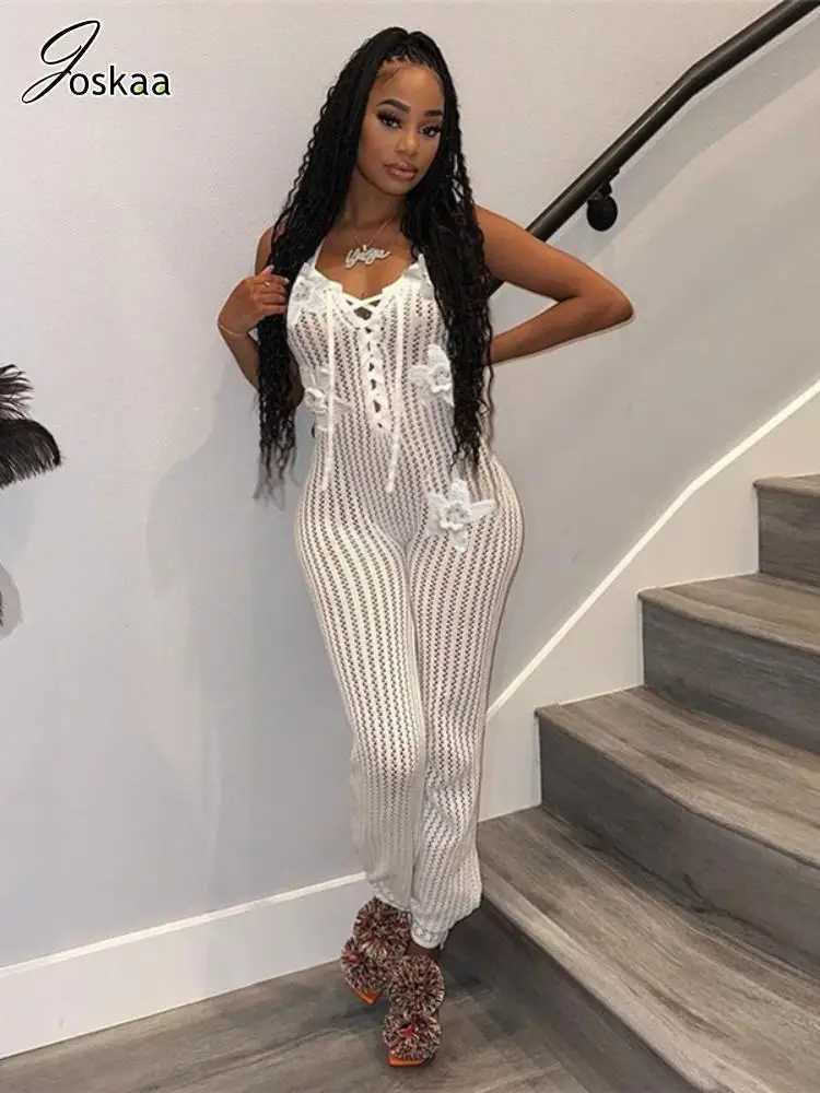 Joskaa Knitted Strap Lace Backless jumpsuit Womens floral decal sleeveless tight jumpsuit 2025 Summer Vacation Beach Wear X250318