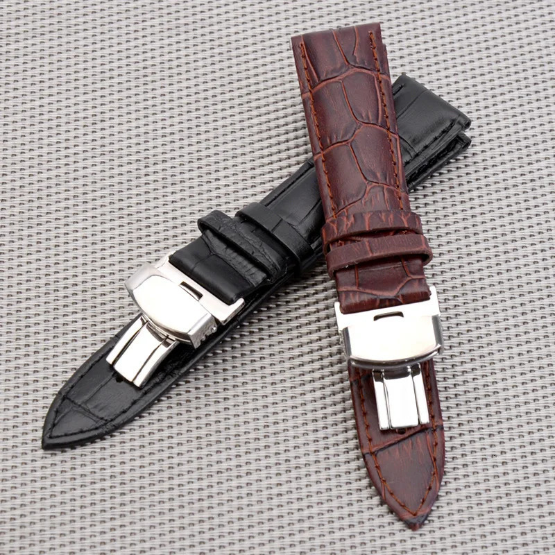 Business Casual Black Brown Genuine Calfskin Leather Watch band Strap Butterfly Buckle Pattern Bracelet 18 20 22 24mm 250304