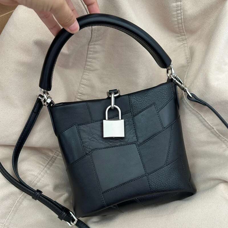 Mini Splicing Bucket Bag For Women Designer Handbag Purse 2025 New In Vintage PU Leather Lock Decorate Shoulder Crossbody