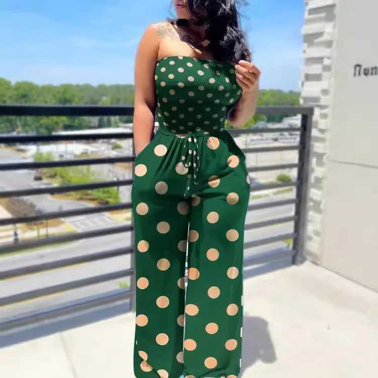 2024 elegant and fashionable polka dot printed jumpsuit for womens spring and autumn new T-shirt casual wear shoulder overall women X250318