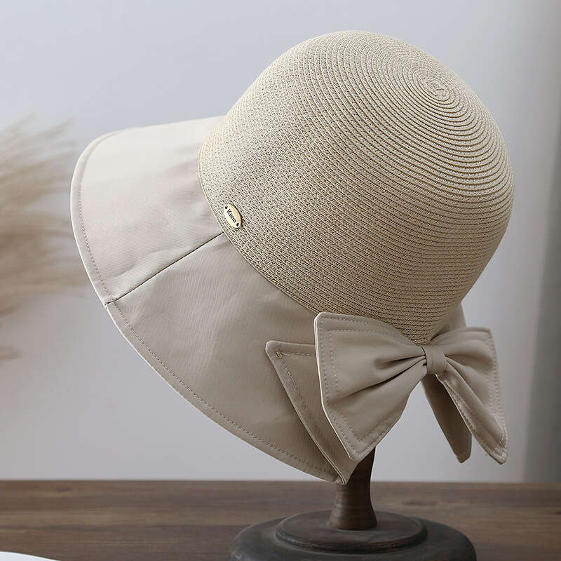 Fashion bow fisherman spliced grass woven thin sunshade women's summer protection beach sun hat