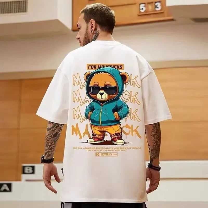 Cotton fashion bear pattern printed mens T-shirt round neck loose top breathable and comfortable casual oversized womens clothingXJ250318