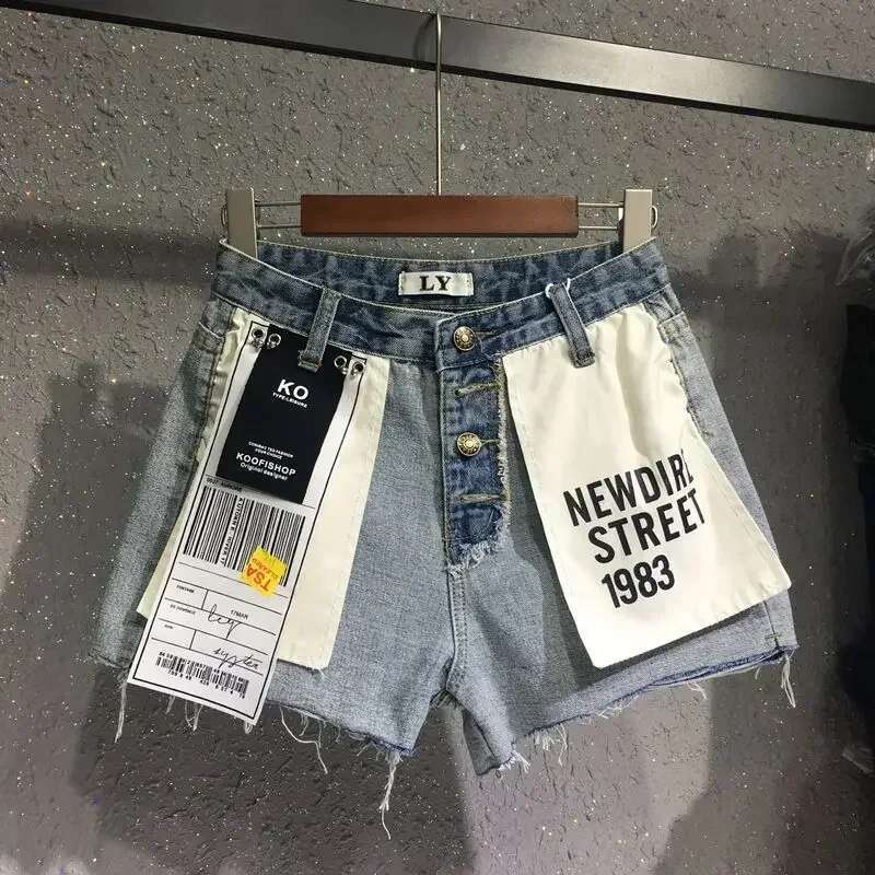 Internet Celebrity Ing Contrast Color Denim Shorts Women 2024 Summer Korean Style Reverse Outer Wear High Waist Hot Pants