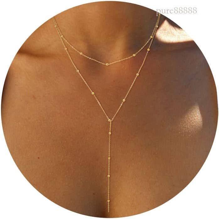 Women's lasso necklace, exquisite long 14k gold-plated/sier Y-shaped fashionable layered cubic zirconia bead pendant necklace simple gold jewelry