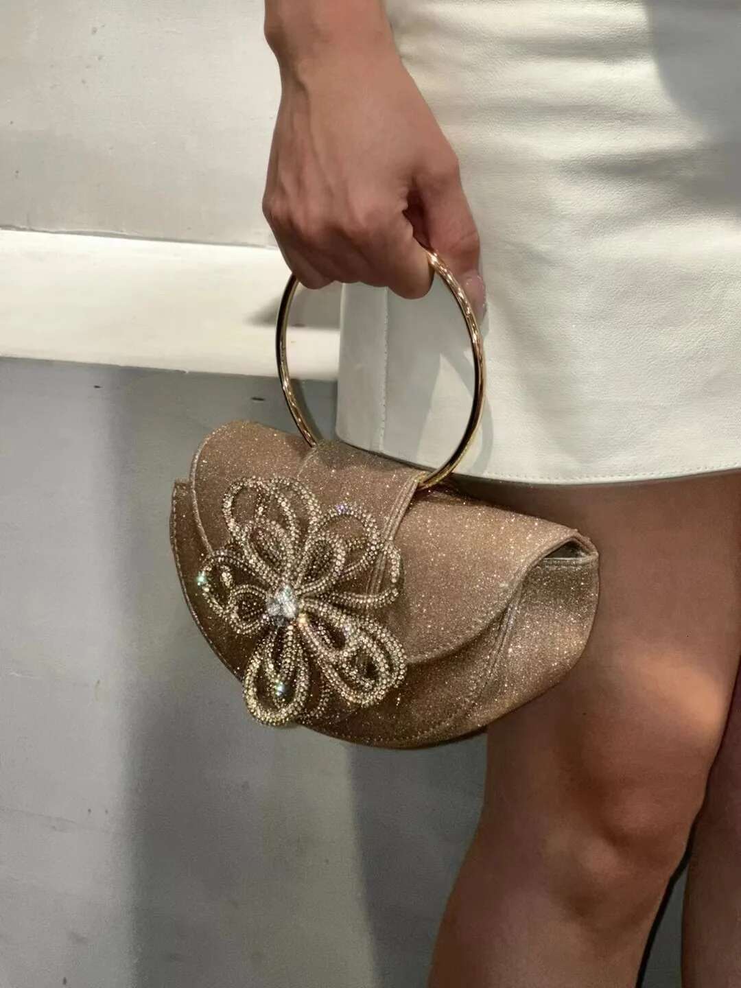 Metal Ring Handle Half Moon Glitter Shiny Evening Women's Handbag Wedding Party Clutch Purse Shoulder Crossbody Bag