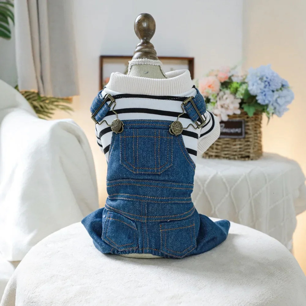 Cute cartoon puppy top boy classic striped jeans jumpsuit suitable for small midrange dogs Chihuahua French Bulldog clothing 250318