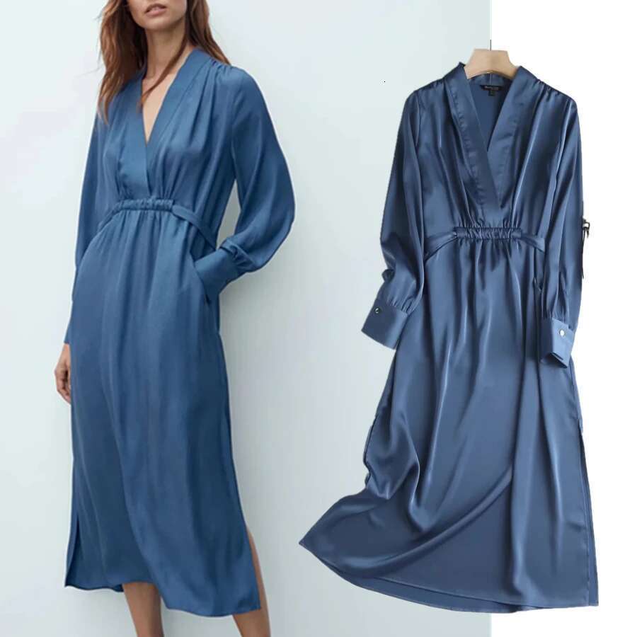 Maxdutti Autumn Loosedress Wome Elegant Midi Dress Women England Style Fashion Simple Satin V-Neck Party N Long Dresses Vestidos