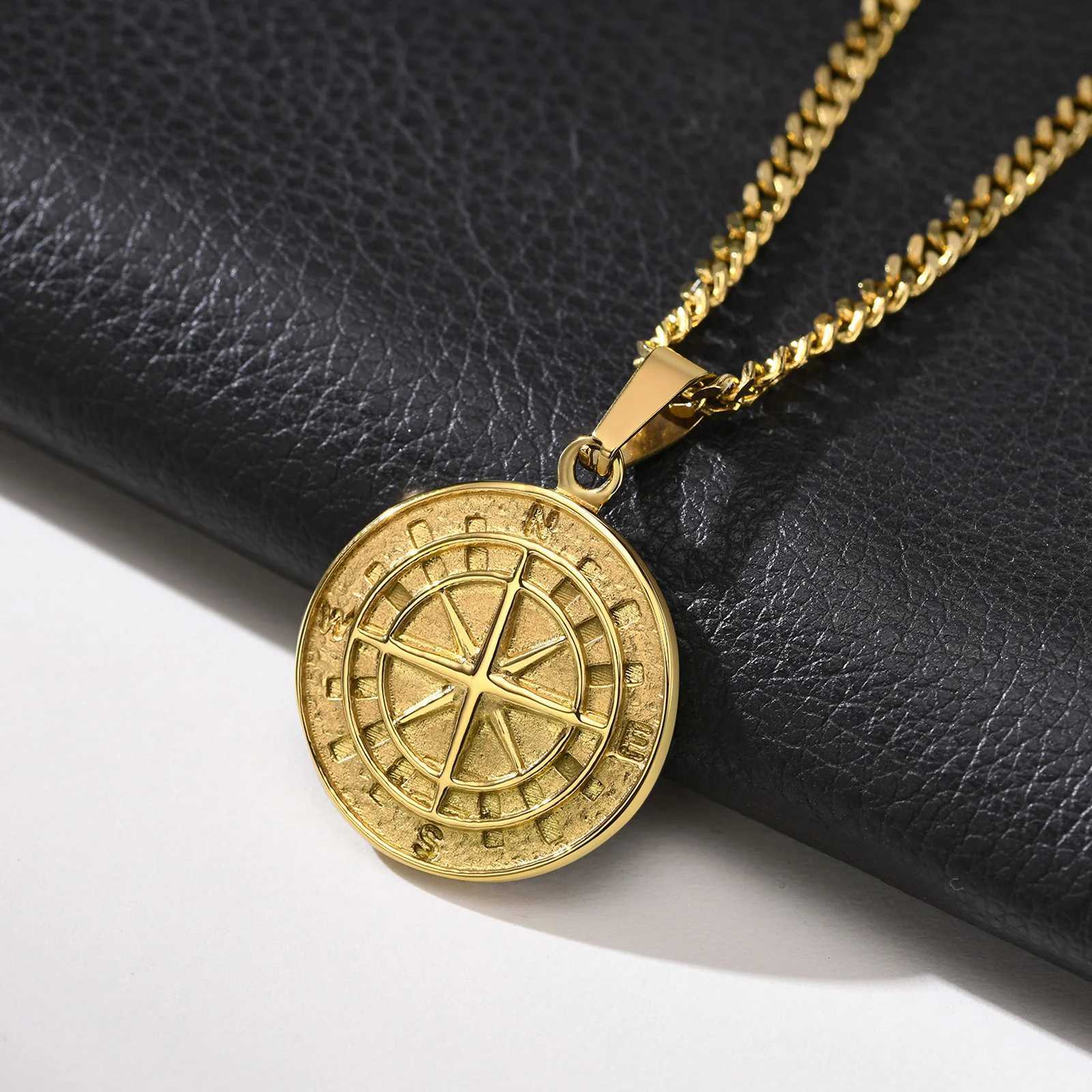 Golden mens compass necklace vintage Viking North Star anchor medal stainless steel pendant mens boyfriend dad gift W250318