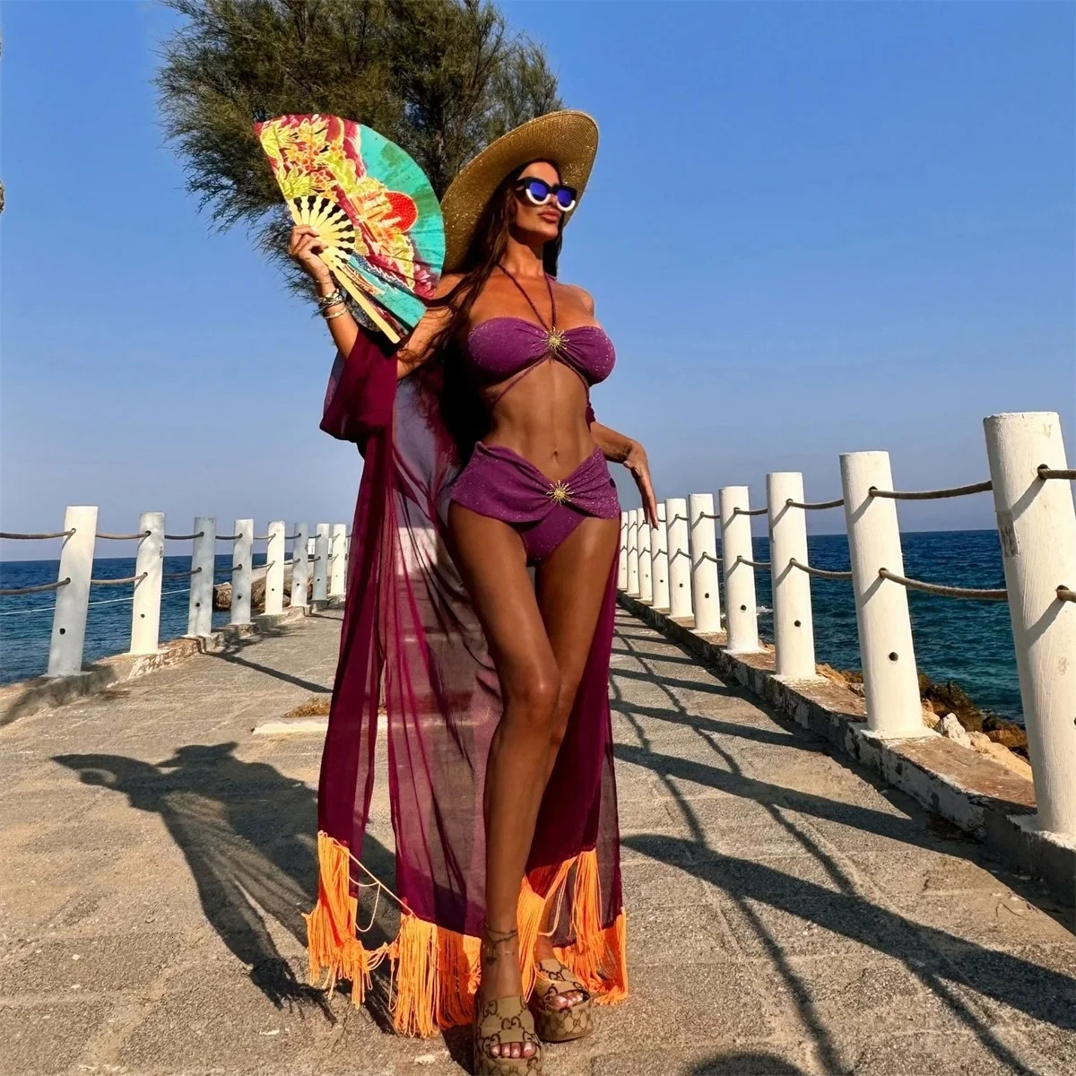 Sexy Shiny Sun Bikini Women Swimsuit 2025 High Waist Swim Suit Biquini Female Halter Swimming Wear Bathing Suit Female Beachwear 250318